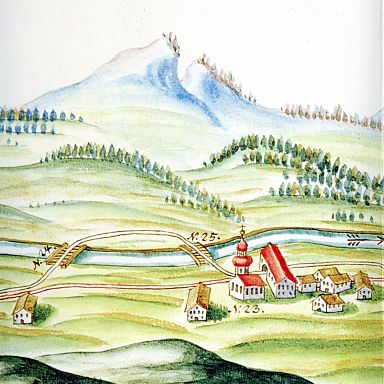 Darstellung von Klösterle mit dem Torbogen über die Arlbergstraße in einer Zeichnung zum projektierten Ausbau der Arlbergstraße von 1733